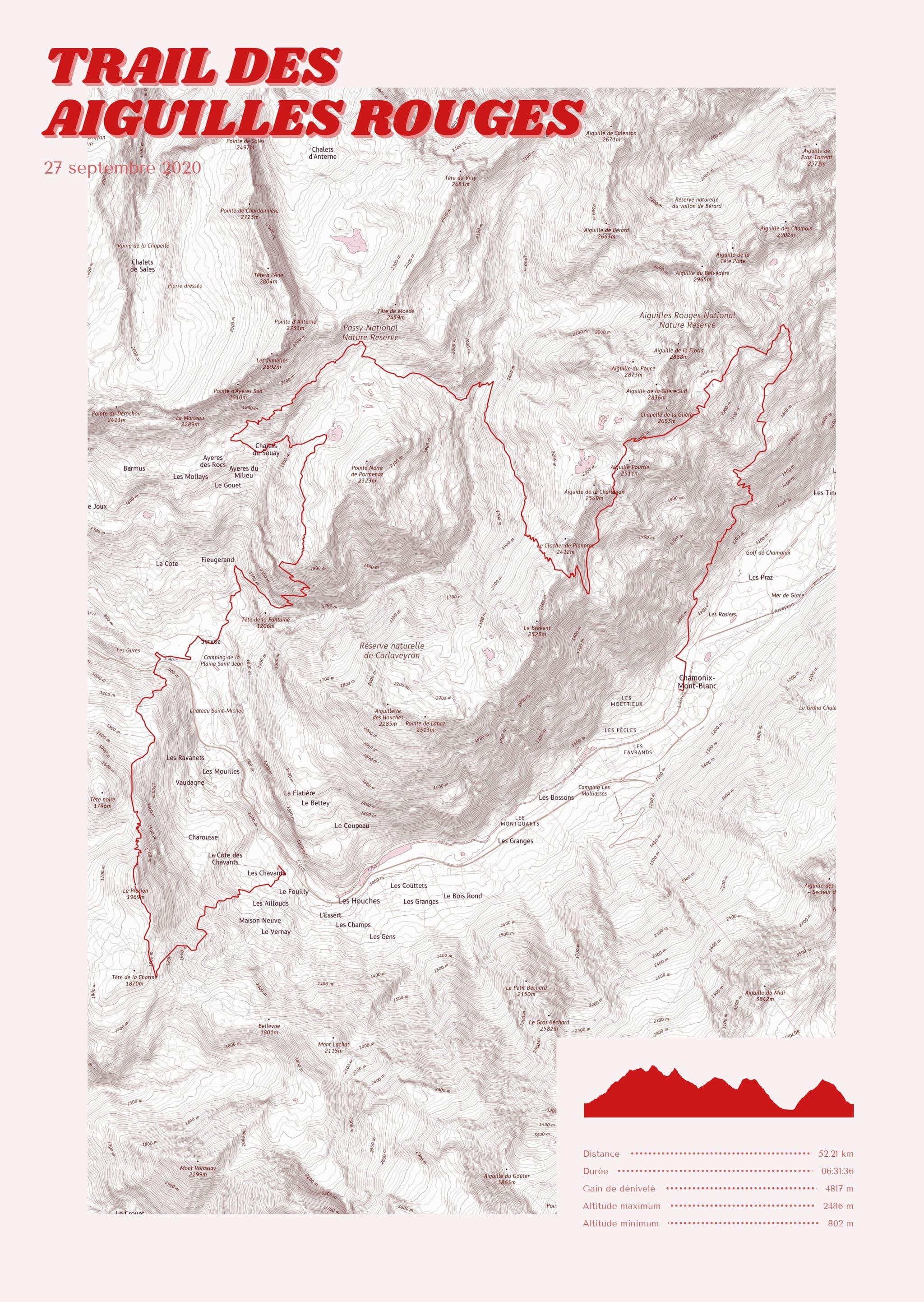 Product image of the map poster of the Trail des 
Aiguilles Rouges